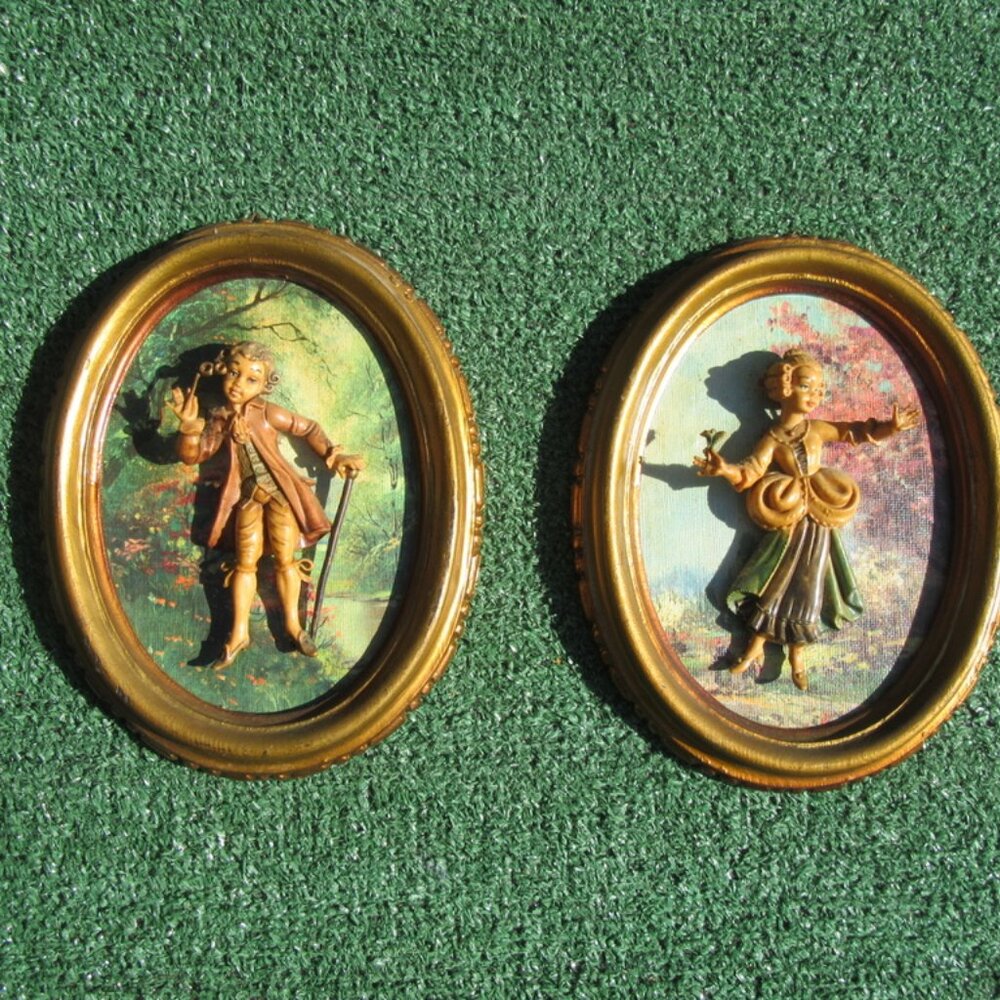 2 Vintage Empire 3D Depose Figure Canvas Wall Art Italian Boy & Girl Plaques